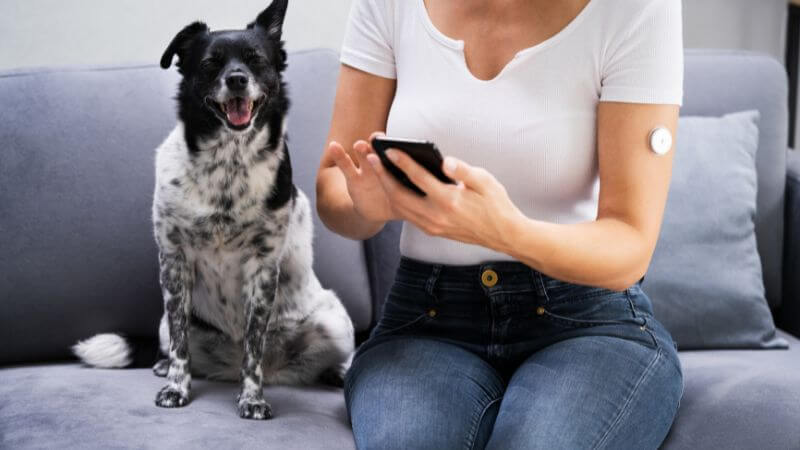 Woman with CGM and Insulin Pump Integration Data on Smartphone A person wearing a CGM on their arm sits on a couch, holding a smartphone, with a dog beside them.